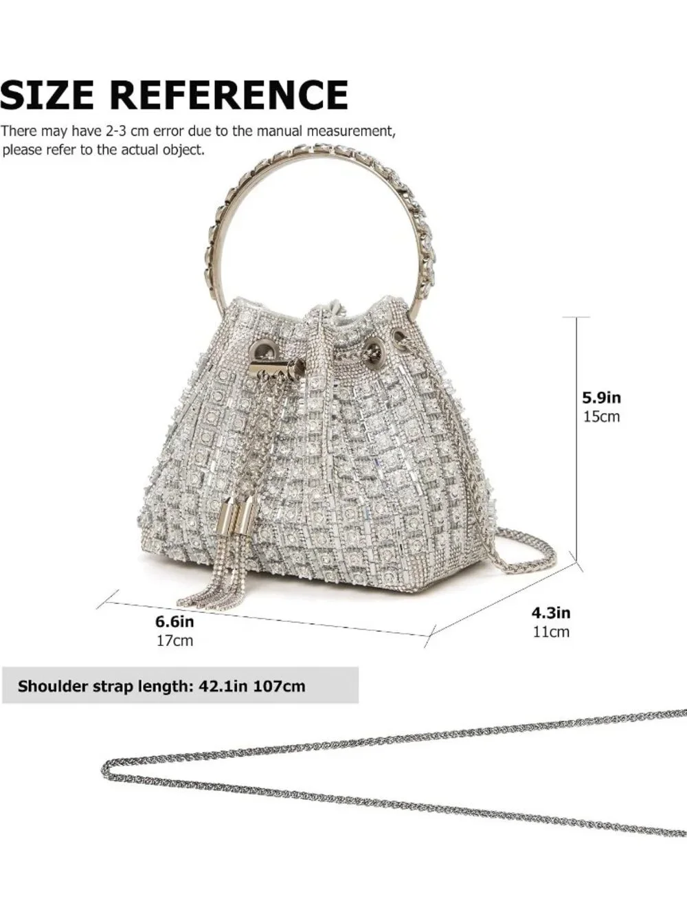 Women's Silver Sparkly Rhinestone Clutch Purse Diamond Chain Evening Bag